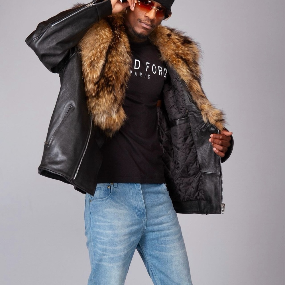 Black Military Bomber Jacket with Fur Collar and Satin Lining